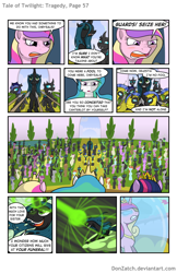 Size: 792x1224 | Tagged: safe, artist:donzatch, character:princess cadance, character:princess celestia, character:queen chrysalis, character:twilight sparkle, character:twilight sparkle (alicorn), species:alicorn, species:changeling, species:pony, comic:tale of twilight, blushing, comic, female, grimdark series, magic blast, mare, spear