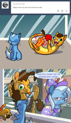 Size: 1280x2190 | Tagged: safe, artist:grandpalove, character:cheese sandwich, character:trixie, ask trixie and cheese, cat, comic, cute, derp, diacheeses, diatrixes, species swap, trixie is not amused, tumblr, unamused, underhoof