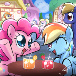 Size: 1280x1280 | Tagged: safe, artist:mister-markers, character:derpy hooves, character:pinkie pie, character:rainbow dash, oc, species:earth pony, species:pegasus, species:pony, cute, diapinkes, drink, female, food, glass, happy, male, mare, one eye closed, open mouth, orange, ponyville, signature, smiling, spread wings, stallion, straw, strawberry, table, talking, underhoof, wings