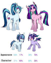 Size: 1024x1253 | Tagged: safe, artist:hisshi shoujo, character:aria blaze, character:sonata dusk, oc, parent:aria blaze, parent:sonata dusk, parents:arisona, blank flank, blush sticker, blushing, female, filly, magical lesbian spawn, offspring, ponified