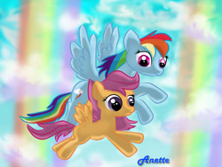Size: 1000x750 | Tagged: safe, artist:anna-krylova, character:rainbow dash, character:scootaloo, species:pegasus, species:pony, duo, flying, scootaloo can fly, scootalove