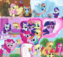 Size: 2923x2636 | Tagged: safe, artist:anna-krylova, character:amethyst star, character:apple bloom, character:applejack, character:derpy hooves, character:fluttershy, character:harry, character:minuette, character:pinkamena diane pie, character:pinkie pie, character:rainbow dash, character:rarity, character:sparkler, character:sunny rays, character:twilight sparkle, character:twilight sparkle (alicorn), character:twinkleshine, species:alicorn, species:bird, species:pony, episode:magical mystery cure, g4, my little pony: friendship is magic, a true true friend, bear, cute, elements of harmony, lyrics, magic, mane six, muffin, open mouth, rope, smiling, spread wings, sunny rays, telekinesis, waving, wingding eyes, wings