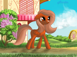 Size: 1000x750 | Tagged: safe, artist:anna-krylova, oc, oc only, oc:feather fall, species:pegasus, species:pony, cute, floppy ears, ponyville, smiling, solo