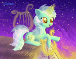 Size: 1000x780 | Tagged: dead source, safe, artist:anna-krylova, character:lyra heartstrings, cute, cutie mark, female, happy, lyre, magic, night, rooftop, smiling, solo, stars