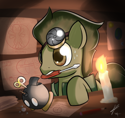 Size: 1700x1600 | Tagged: safe, artist:mister-markers, oc, oc only, oc:brass, bob-omb, candle, mouth hold, pencil, screwdriver, solo, super mario bros.