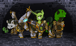 Size: 2000x1200 | Tagged: safe, artist:davidcurser, oc, oc only, species:earth pony, species:pegasus, species:pony, species:unicorn, armor, bolter, chaos, commission, crossover, fanfic, fanfic art, female, gun, hair over eyes, insect, iron warriors, mare, nurgle, power armor, powered exoskeleton, semi-grimdark in the description, snorting, trio, warhammer (game), warhammer 40k, weapon