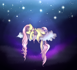 Size: 800x733 | Tagged: safe, artist:rubyrue, character:fluttershy, species:pegasus, species:pony, cloud, eyes closed, female, long mane, long tail, mare, night, sleeping, solo, stars