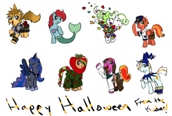 Size: 1300x880 | Tagged: safe, artist:kudalyn, character:feathermay, character:princess luna, oc, oc:apple mallow, oc:aqua drop, oc:icy delight, oc:kudalyn, oc:moon brook, oc:strawberry fields, oc:strawberry orange, ask, clothing, costume, crossover, hippocampus, merpony, questionthekudas, simple background, tumblr, white background