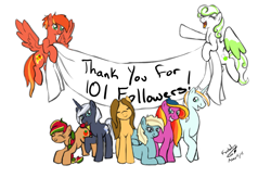 Size: 1147x753 | Tagged: safe, artist:kudalyn, character:feathermay, oc, oc:apple mallow, oc:aqua drop, oc:icy delight, oc:kudalyn, oc:moon brook, oc:strawberry fields, oc:strawberry orange, ask, banner, questionthekudas, simple background, tumblr, white background
