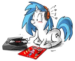 Size: 1000x807 | Tagged: safe, artist:tobibrocki, character:dj pon-3, character:vinyl scratch, species:pony, species:unicorn, blushing, female, headphones, mare, mozart, simple background, solo, turntable, white background, wolfgang amadeus mozart