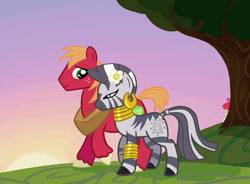 Size: 977x718 | Tagged: safe, artist:gingermint, artist:icekatze, character:apple bloom, character:big mcintosh, character:zecora, species:earth pony, species:pony, species:zebra, ship:macora, adobe imageready, fanfic, fanfic art, fanfic cover, flower, interspecies, male, shipping, stallion, straight, tree, trio