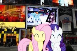 Size: 1200x800 | Tagged: safe, artist:jeatz-axl, artist:sairoch, artist:traindriver22, character:fluttershy, character:rainbow dash, character:rarity, species:human, billboard, disney, flying, irl, new york city, photo, planet hollywood, ponies in real life, sign, street, the lion king, times square, vector
