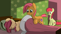 Size: 1280x720 | Tagged: safe, artist:geneticanomaly, character:apple bloom, character:babs seed, oc, oc:sunset, parent:apple bloom, parent:babs seed, species:earth pony, species:pony, ship:appleseed, applecest, family, female, incest, lesbian, magical lesbian spawn, offspring, older, parents:appleseed, product of incest, shipping, sleeping