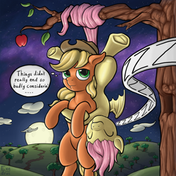 Size: 1536x1536 | Tagged: safe, artist:exedrus, character:applejack, character:flutterbat, character:fluttershy, cute, eyes closed, hanging, hug, night, sleeping, smiling, snuggling, thought bubble, underhoof, upside down, zzz