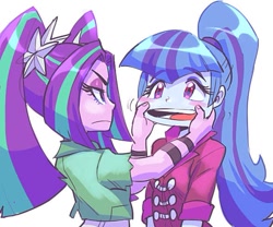 Size: 589x491 | Tagged: safe, artist:jirousan, character:aria blaze, character:sonata dusk, my little pony:equestria girls, blushing, cheek pinch, clothing, cute, duo, female, open mouth, shirt, simple background, stretchy, white background