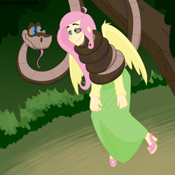 Size: 900x900 | Tagged: safe, artist:tralalayla, character:fluttershy, species:human, clothing, coils, crossover, humanized, hypnosis, hypnotized, imminent vore, kaa, kaa eyes, long skirt, mind control, peril, shoes, skirt, snake, winged humanization