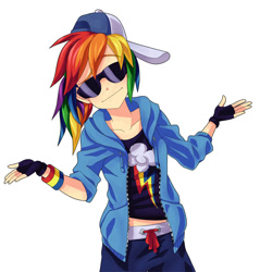 Size: 750x784 | Tagged: safe, artist:semehammer, character:rainbow dash, species:human, cap, clothing, female, fingerless gloves, glasses, gloves, hat, humanized, looking at you, midriff, rainbow dash always dresses in style, shrug, shrugpony, simple background, solo, swag, white background