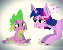 Size: 1280x1018 | Tagged: safe, artist:wirelesspony, character:spike, character:twilight sparkle, species:dragon, species:pony, abstract background, ask, cork, daily life of spike, duo, ear fluff, female, male, mare, open mouth, subliminal message, tumblr