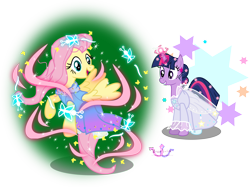 Size: 7387x5526 | Tagged: safe, artist:meganlovesangrybirds, character:fluttershy, character:twilight sparkle, absurd resolution, cinderella, cindershy, clothing, crossover, disney, dress, fairy godmother, hasbro, hasbro studios, magic, my little pony, simple background, transparent background, vector