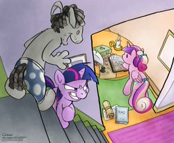 Size: 1462x1200 | Tagged: safe, artist:conicer, character:princess cadance, character:smarty pants, character:twilight sparkle, species:alicorn, species:pony, species:unicorn, g4, book, calvin and hobbes, candle, female, filly, fingers, hand, ink, parody, quill, scroll, smiling, stairs