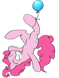 Size: 660x880 | Tagged: safe, artist:conicer, character:pinkie pie, g4, balloon, eyes closed, female, happy, hung upside down, simple background, solo, then watch her balloons lift her up to the sky, transparent background, upside down