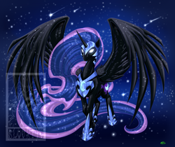Size: 2670x2246 | Tagged: safe, artist:sky-railroad, character:nightmare moon, character:princess luna, big wings, female, glowing eyes, obtrusive watermark, shooting star, solo, spread wings, watermark, wings