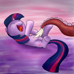 Size: 2000x2000 | Tagged: safe, artist:marmorexx, character:discord, character:twilight sparkle, species:pony, species:unicorn, adorkable, belly up, comedy, cute, cuteness overload, cutie mark, dawwww, discord being discord, dork, eyes closed, laughing, on back, open mouth, rofl, rolling around, tail, tickle torture, tickling, ticklish tummy, twiabetes