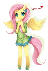 Size: 760x1136 | Tagged: safe, artist:jinzhan, character:fluttershy, species:anthro, species:pegasus, species:pony, species:unguligrade anthro, breasts, clothing, cute, delicious flat chest, dress, female, flattershy, floating wings, heart, love, mare, off shoulder, shyabetes, simple background, skinny, solo, white background