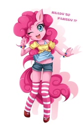 Size: 760x1137 | Tagged: safe, artist:jinzhan, character:pinkie pie, species:anthro, species:unguligrade anthro, belly button, bracelet, clothing, cute, diapinkes, female, jewelry, midriff, one eye closed, open mouth, simple background, skinny, socks, solo, starry eyes, striped socks, white background, wingding eyes