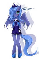 Size: 760x1137 | Tagged: safe, artist:jinzhan, character:princess luna, species:anthro, species:unguligrade anthro, blushing, clothing, crown, dress, female, hair over one eye, jewelry, regalia, s1 luna, skinny, solo