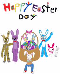 Size: 2188x2676 | Tagged: safe, artist:pokeneo1234, character:angel bunny, character:pound cake, character:pumpkin cake, arthur, barely pony related, bonnie, bunny costume, buster baxter, clothing, crossover, easter, easter basket, easter egg, five nights at freddy's, hello kitty, my melody, sanrio, springtrap, toy bonnie