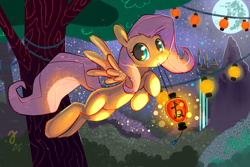 Size: 1700x1135 | Tagged: safe, artist:erinliona, character:fluttershy, canterlot, female, flying, lantern, lantern festival, mouth hold, solo