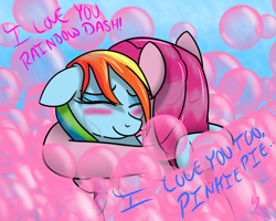 Size: 1280x1024 | Tagged: safe, artist:sonicrainboom93, character:pinkie pie, character:rainbow dash, species:earth pony, species:pegasus, species:pony, fanfic:the party hasn't ended, ship:pinkiedash, blushing, bubble, crying, fanfic, fanfic art, female, hug, lesbian, mare, shipping
