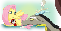 Size: 670x341 | Tagged: safe, artist:gamblingfoxinahat, character:discord, character:fluttershy, oc, oc:mirage, parent:discord, parent:fluttershy, parents:discoshy, ship:discoshy, female, fluttermom, hybrid, interspecies offspring, male, next generation, offspring, shipping, straight