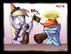 Size: 1000x760 | Tagged: safe, artist:tobibrocki, character:derpy hooves, character:rainbow dash, species:pegasus, species:pony, cider, clothing, duo, fake halo, female, halo, hat, mare, party hat, party whistle, unamused