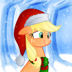 Size: 1011x1025 | Tagged: safe, artist:myhysteria, character:applejack, species:earth pony, species:pony, bust, christmas, clothing, cute, female, floppy ears, hat, holiday, jackabetes, mare, portrait, santa hat, scarf, snow, snowfall, snowflake, solo, winter