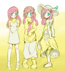 Size: 2100x2300 | Tagged: safe, artist:applestems, character:fluttershy, species:human, clothing, dress, female, hat, high res, humanized, long skirt, raised leg, sandals, skirt, solo, sweater, sweatershy, thick eyebrows
