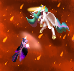 Size: 1524x1468 | Tagged: safe, artist:sonicrainboom93, character:nightmare star, character:princess celestia, character:twilight sparkle, character:twilight sparkle (alicorn), species:alicorn, species:pony, female, fight, flying, mare, mustafar, revenge of the sith, series finale, twilight is anakin