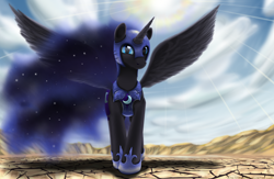Size: 2274x1483 | Tagged: dead source, safe, artist:sonicrainboom93, character:nightmare moon, character:princess luna, species:alicorn, species:pony, crepuscular rays, female, mare, solo, spread wings, wings