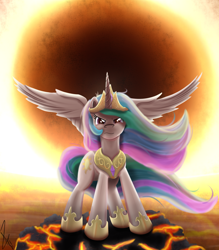 Size: 1400x1600 | Tagged: safe, artist:sonicrainboom93, character:princess celestia, species:alicorn, species:pony, angry, backlighting, badass, epic, female, glare, looking at you, mare, solo, spread wings, sun, wings
