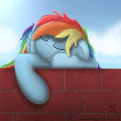 Size: 2000x2000 | Tagged: safe, artist:sonicrainboom93, character:rainbow dash, species:pegasus, species:pony, brick wall, female, floppy ears, high res, mare, sleeping, solo