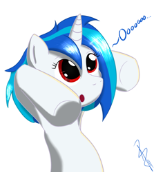 Size: 660x740 | Tagged: safe, artist:sonicrainboom93, character:dj pon-3, character:vinyl scratch, species:pony, species:unicorn, bipedal, female, mare, oooooh, red eyes, simple background, solo, spooky, white background