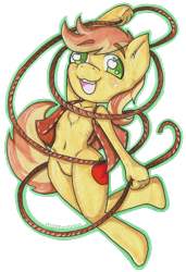 Size: 1024x1498 | Tagged: safe, artist:matteglaze, character:braeburn, species:anthro, barbie doll anatomy, belly button, chest fluff, clothing, featureless crotch, lasso, simple background, traditional art, transparent background, wingding eyes