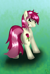 Size: 724x1068 | Tagged: safe, artist:sonicrainboom93, character:roseluck, species:earth pony, species:pony, abstract background, female, gritted teeth, looking back, mare, rear view, solo