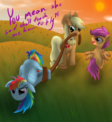 Size: 1780x1924 | Tagged: safe, artist:sonicrainboom93, character:applejack, character:rainbow dash, character:scootaloo, species:earth pony, species:pegasus, species:pony, bondage, female, filly, flying lesson, hogtied, hopeful, mare, mouth hold, pulling, rope, scootaloo can't fly, tied up