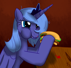 Size: 1280x1224 | Tagged: safe, artist:sonicrainboom93, character:princess luna, species:alicorn, species:pony, burger, eating, female, food, hamburger, mare, ponies eating meat, princess, puffy cheeks, s1 luna, solo