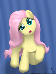 Size: 500x666 | Tagged: safe, artist:sonicrainboom93, character:fluttershy, species:pegasus, species:pony, abstract background, female, head tilt, looking at you, mare, raised hoof, solo, unsure