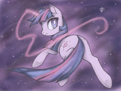 Size: 1198x905 | Tagged: safe, artist:soulspade, character:twilight sparkle, female, frown, glowing horn, looking back, magic, raised hoof, solo, underhoof