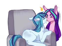 Size: 1024x768 | Tagged: safe, artist:hisshi shoujo, character:aria blaze, character:sonata dusk, ship:arisona, my little pony:equestria girls, ariabetes, armchair, behaving like a dog, blank flank, blep, blushing, boop, chair, cute, equestria girls ponified, eyes closed, female, floppy ears, fluffy, lesbian, licking, noseboop, ponified, prone, shipping, smiling, sonatabetes, tongue out, wide eyes