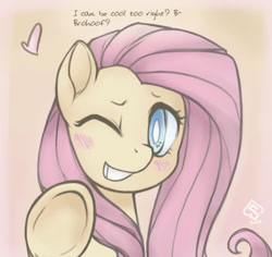 Size: 583x551 | Tagged: safe, artist:soulspade, part of a set, character:fluttershy, blushing, bronybait, female, fourth wall, heart, hoofbump, one eye closed, solo, underhoof, wink